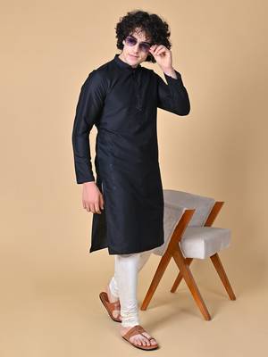 Black Cotton Blend Kurta Churidar Set for Men 3
