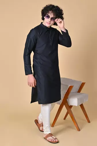 Black Cotton Blend Kurta Churidar Set for Men