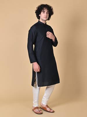 Black Cotton Blend Kurta Churidar Set for Men 6