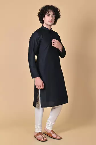 Black Cotton Blend Kurta Churidar Set for Men