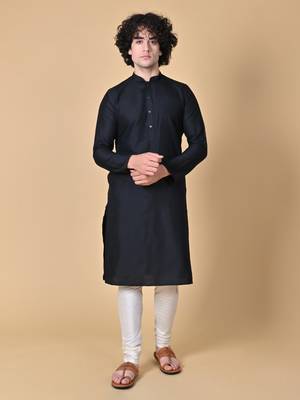 Black Cotton Blend Kurta Churidar Set for Men 7