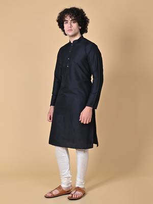 Black Cotton Blend Kurta Churidar Set for Men 8