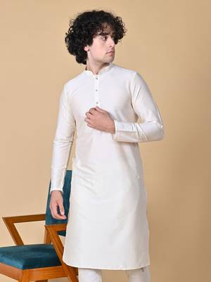 Cream Cotton Blend Kurta Churidar Set for Men 1