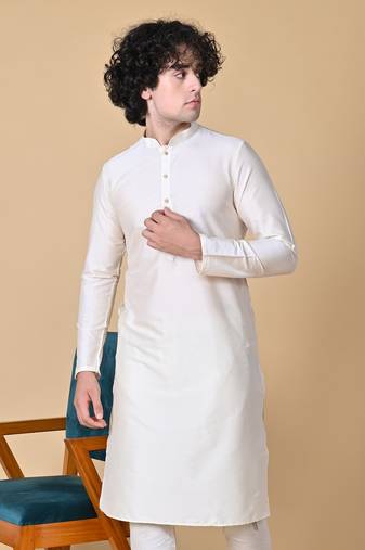 Maahii Fabs Cream Cotton Blend Kurta Churidar Set for Men