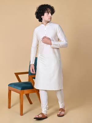 Cream Cotton Blend Kurta Churidar Set for Men 2