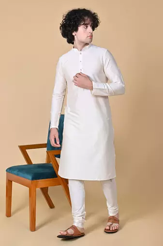 Cream Cotton Blend Kurta Churidar Set for Men