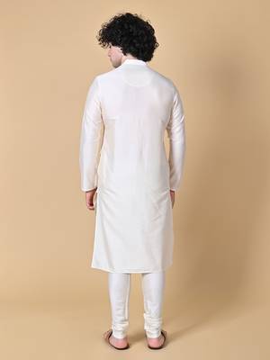 Cream Cotton Blend Kurta Churidar Set for Men 3