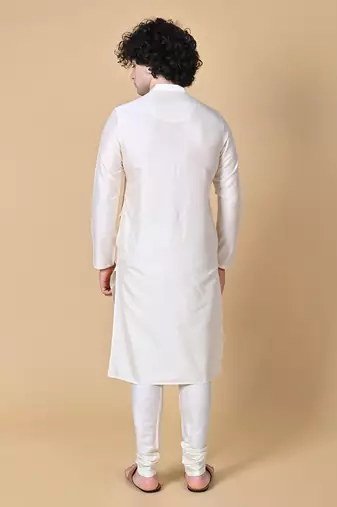 Cream Cotton Blend Kurta Churidar Set for Men