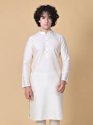 Cream Cotton Blend Kurta Churidar Set for Men 4