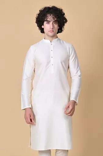 Cream Cotton Blend Kurta Churidar Set for Men