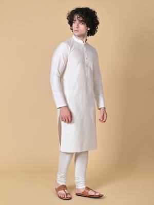 Cream Cotton Blend Kurta Churidar Set for Men 6
