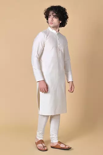 Cream Cotton Blend Kurta Churidar Set for Men