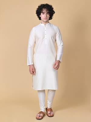 Cream Cotton Blend Kurta Churidar Set for Men 7