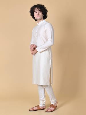 Cream Cotton Blend Kurta Churidar Set for Men 8