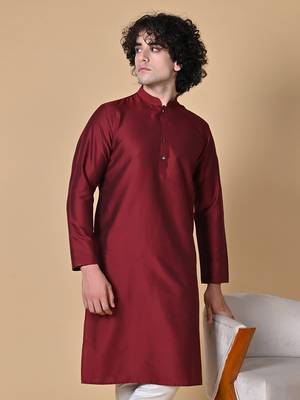 Maroon Cotton Blend Kurta Churidar Set for Men 1