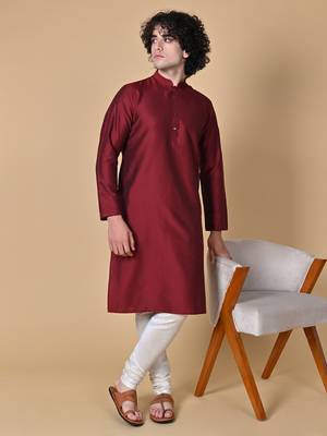 Maroon Cotton Blend Kurta Churidar Set for Men 2