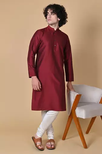 Maroon Cotton Blend Kurta Churidar Set for Men