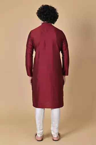 Maroon Cotton Blend Kurta Churidar Set for Men
