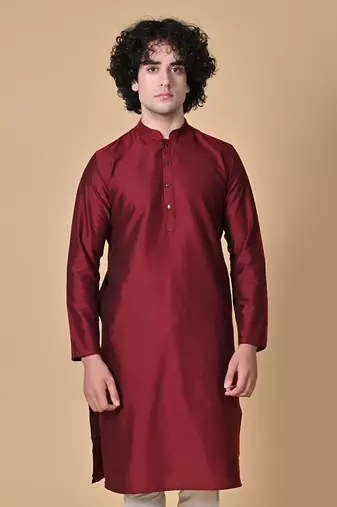 Maroon Cotton Blend Kurta Churidar Set for Men