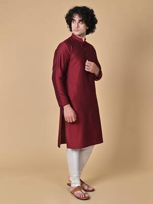 Maroon Cotton Blend Kurta Churidar Set for Men 6
