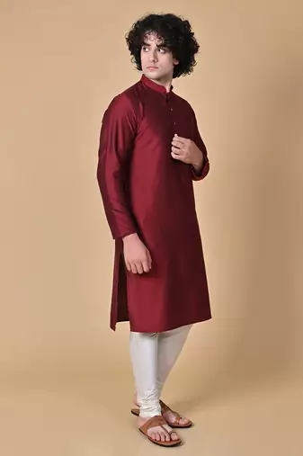 Maroon Cotton Blend Kurta Churidar Set for Men