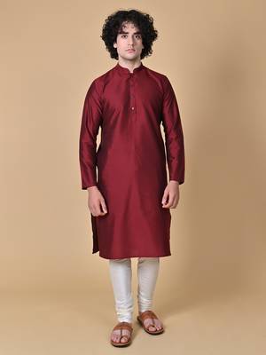 Maroon Cotton Blend Kurta Churidar Set for Men 7