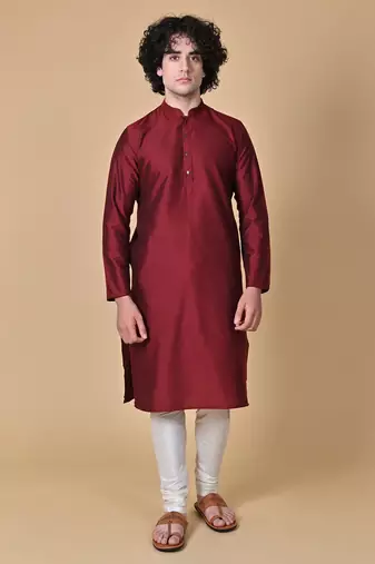 Maroon Cotton Blend Kurta Churidar Set for Men