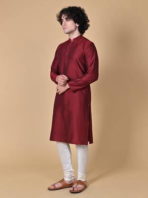 Maroon Cotton Blend Kurta Churidar Set for Men 8