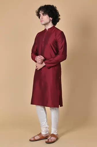 Maroon Cotton Blend Kurta Churidar Set for Men