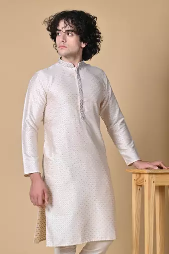 Maahii Fabs Off-White Cotton Blend Kurta Churidar Set for Men