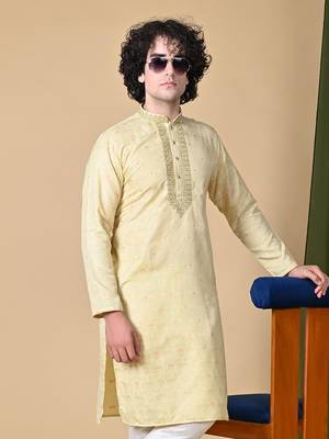 Beige Jacquard Kurta Churidar Set for Men 1