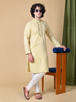 Beige Jacquard Kurta Churidar Set for Men 2