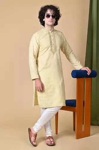 Beige Jacquard Kurta Churidar Set for Men
