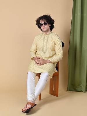 Beige Jacquard Kurta Churidar Set for Men 3