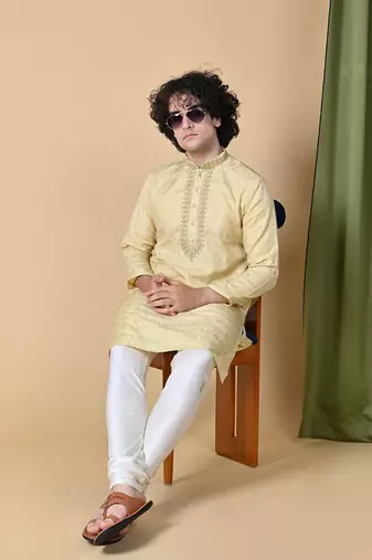 Beige Jacquard Kurta Churidar Set for Men