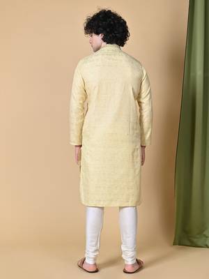 Beige Jacquard Kurta Churidar Set for Men 4