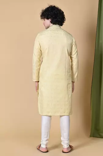 Beige Jacquard Kurta Churidar Set for Men