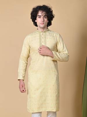 Beige Jacquard Kurta Churidar Set for Men 5