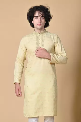 Beige Jacquard Kurta Churidar Set for Men
