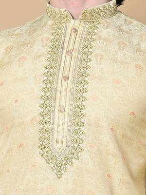 Beige Jacquard Kurta Churidar Set for Men 6