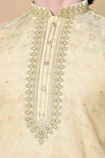 Beige Jacquard Kurta Churidar Set for Men