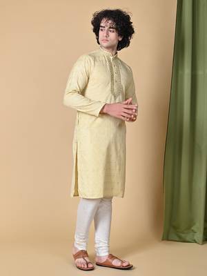 Beige Jacquard Kurta Churidar Set for Men 7