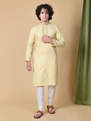 Beige Jacquard Kurta Churidar Set for Men 8