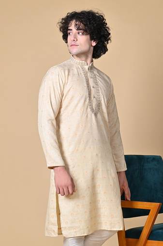 Maahii Fabs Fawn Jacquard Kurta Churidar Set for Men