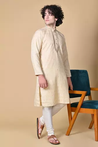 Fawn Jacquard Kurta Churidar Set for Men