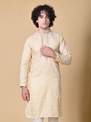 Fawn Jacquard Kurta Churidar Set for Men 4