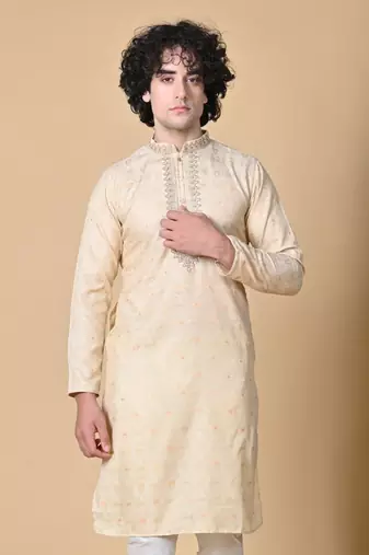 Fawn Jacquard Kurta Churidar Set for Men