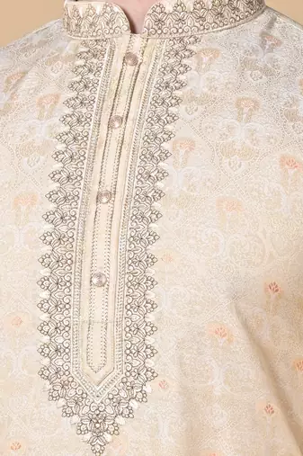 Fawn Jacquard Kurta Churidar Set for Men