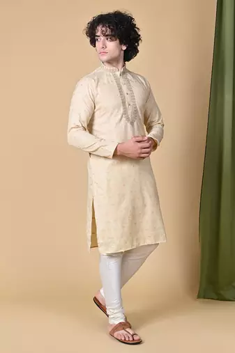 Fawn Jacquard Kurta Churidar Set for Men
