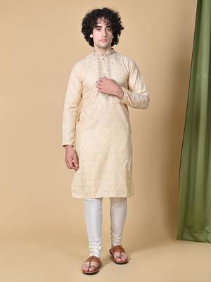 Fawn Jacquard Kurta Churidar Set for Men 7